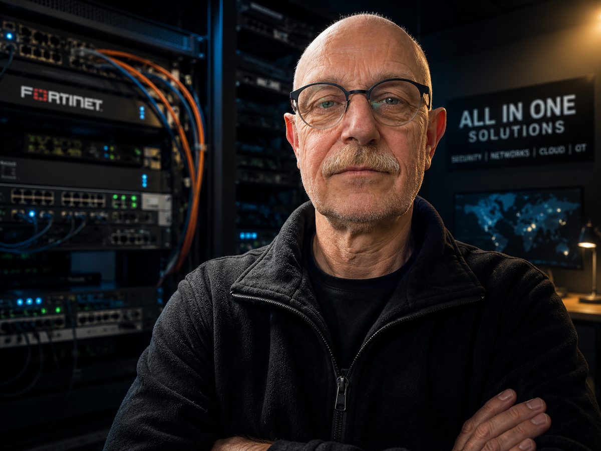 Jos Moonen, senior IT-specialist van All in One Solutions, in de serverruimte met FortiGate-apparatuur